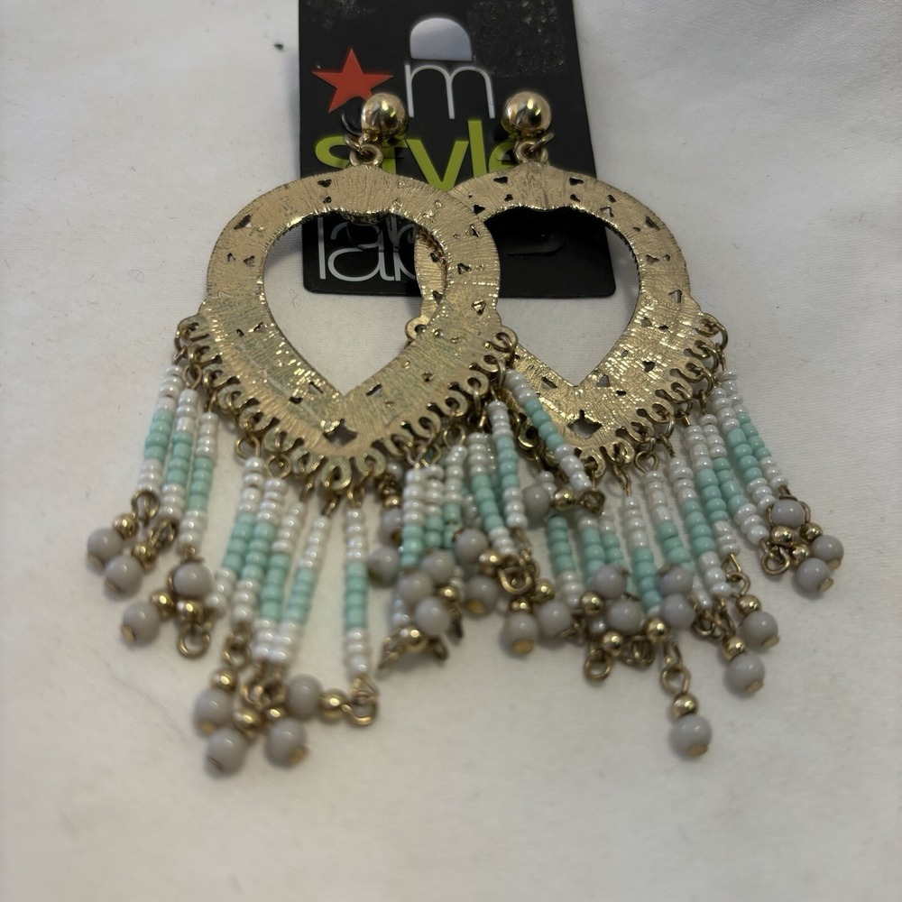 M Style Lab Vintage Fashion Seed Bead Dangle Earrings Gold Heart Shape